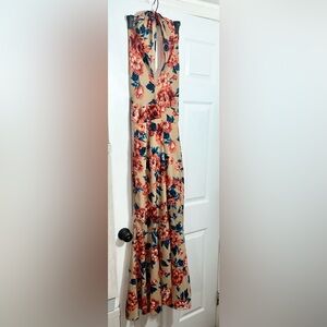 Beige Maxi Dress with Coral Floral Print